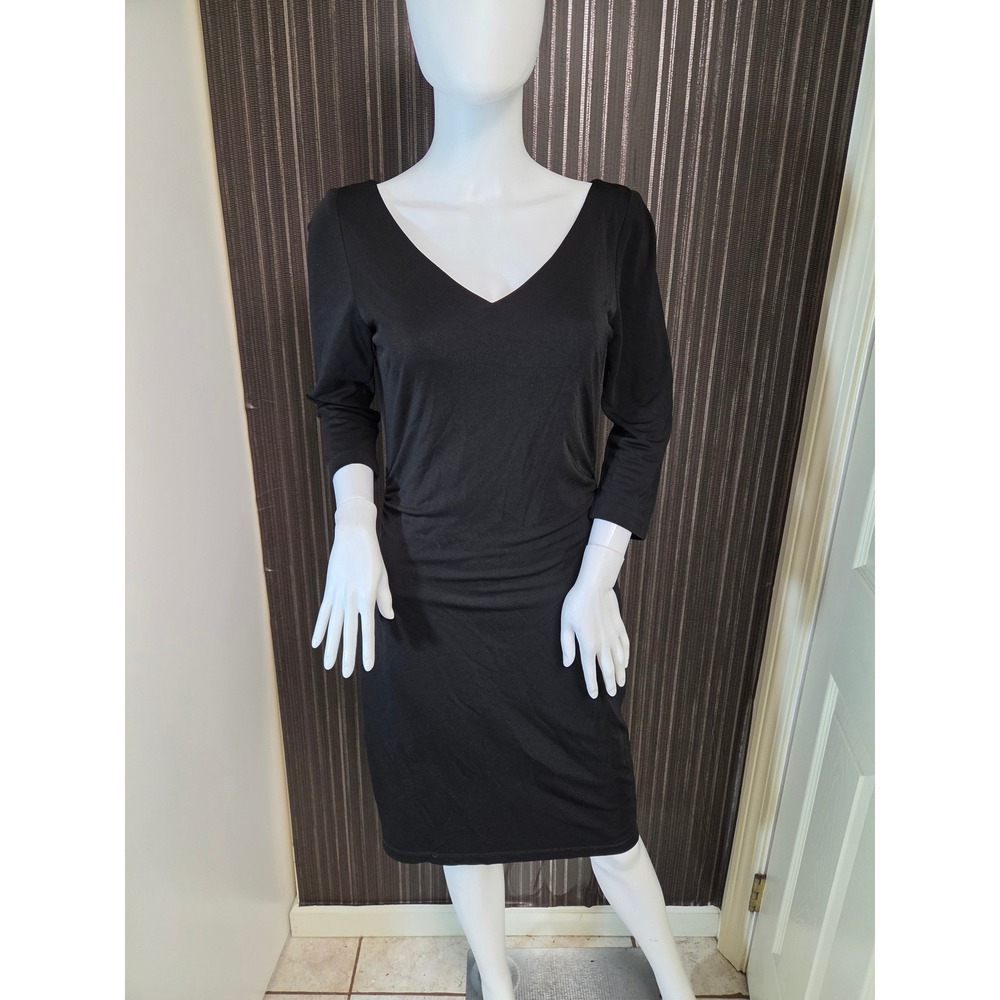 David Meister Black V-Neck Ruched Sheath Dress Size 10 3/4 Sleeve Cocktail
